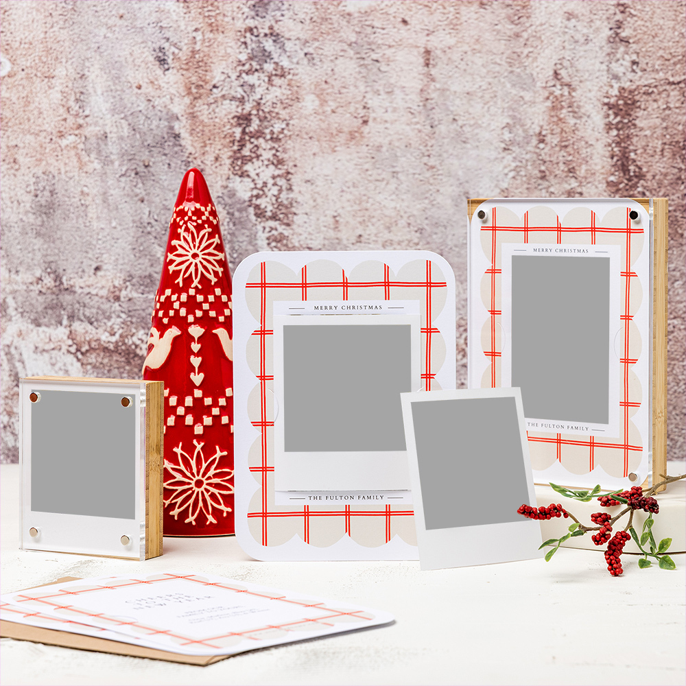 WHCC 2026 Holiday Cards Ornaments Solo Styled plaid card with magnetic print blocks preview
